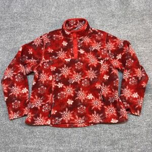 L.L. Bean Fleece Jacket Womens XL Red Snowflake Snap Pullover Pockets Warm Soft
